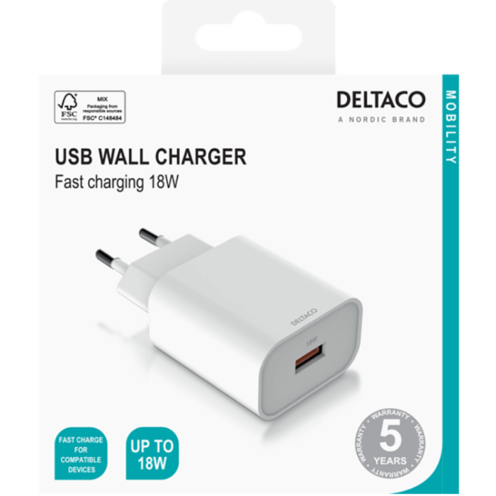 UTGATT1 - Deltaco Väggladdare 1x USB-A 18W - Vit