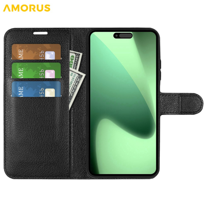 Amorus - AMORUS iPhone 17 Pro Max Plånboksfodral Flipstativ Litchi - Svart