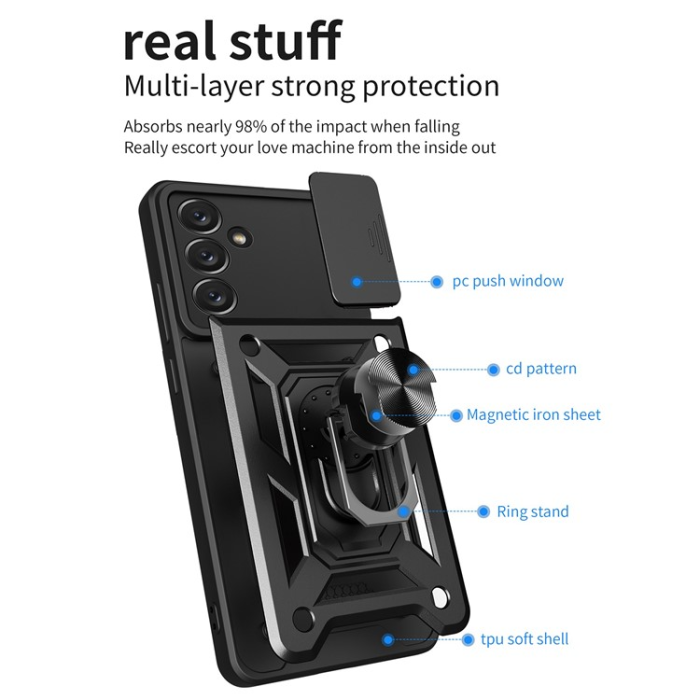 A-One Brand - Galaxy A14 5G/4G Mobilskal Ringhållare Kickstand Slide Kamera - Svart