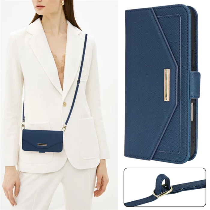 A-One Brand - iPhone 17 Pro Plånboksfodral Cross Texture med Axelrem - Blå