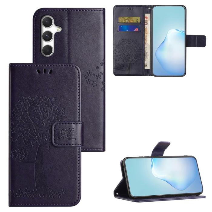 OEM - Samsung Galaxy A57 Plånboksfodral Konstläder Uggla Träd - Blå