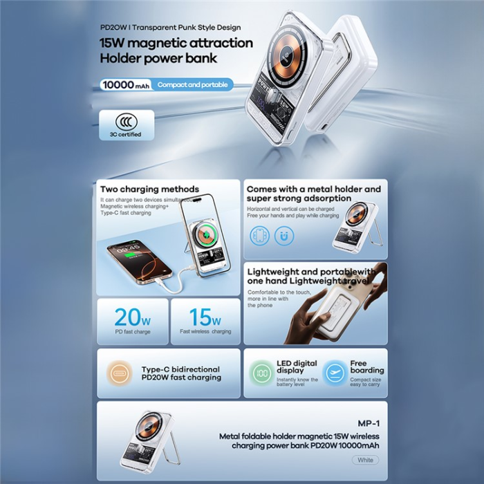 Remax - REMAX Powerbank 10000mAh 15W Trådlös Laddare Magnetisk Vit