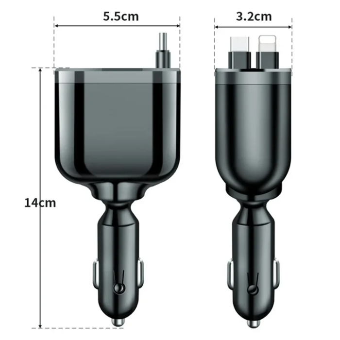 A-One Brand - M4 5-i-1 Billaddare med Type-C & Lightning Retractable Kabel