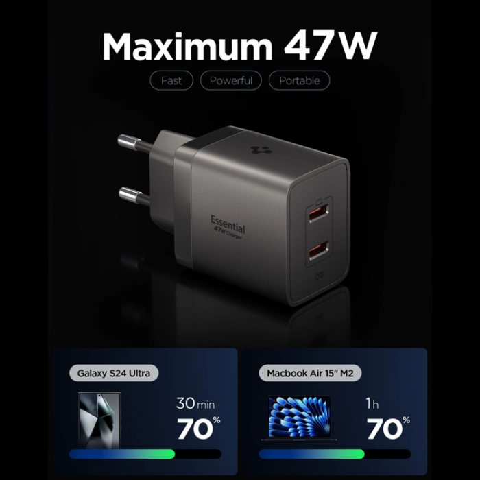 Spigen - Spigen 2-Port Nätverk Laddare 47W EE472EU-GaN - Gunmetall