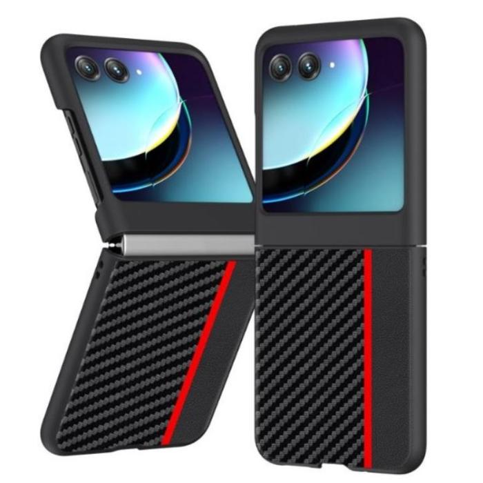 A-One Brand - Motorola Rzar 40 Ultra Mobilskal Carbon Fiber Läder - Röd