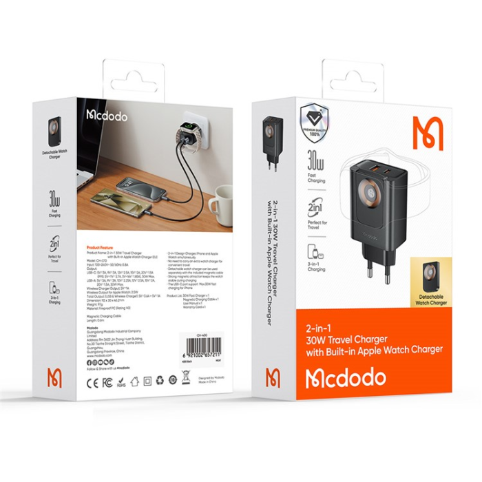 MCDODO - MCDODO 2i1 Snabbladdare 30W USB-C/USB-A Smart Watch Trådlös EU