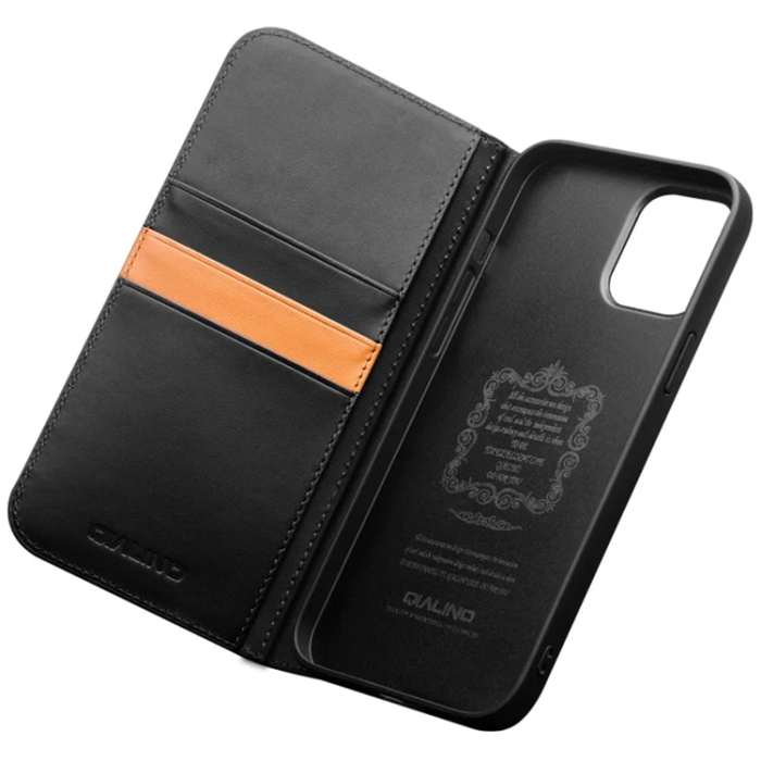 QIALINO - Qialino iPhone 15 Plånboksfodral Äkta läder - Svart