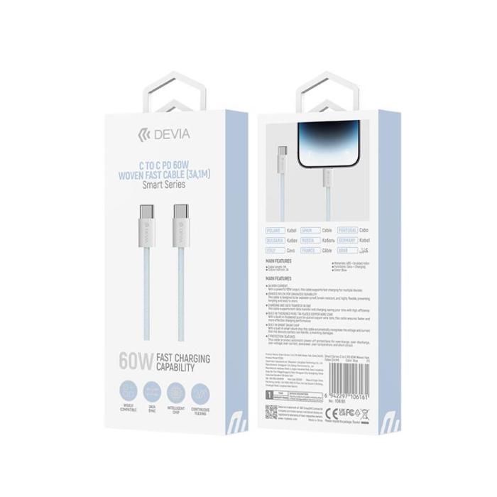 Devia - Devia USB-C Till USB-C 60W Kabel 3A 1m Smart EC325 PD - Blå