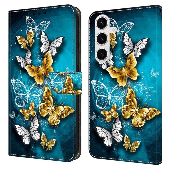 OEM - Plånboksfodral för Samsung Galaxy S26 Konstläder Ställ - Guldfjäril på Grön