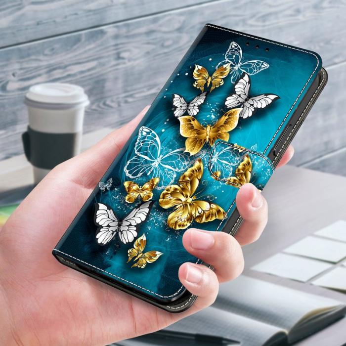 OEM - Plånboksfodral för Samsung Galaxy S26 Konstläder Ställ - Guldfjäril på Grön