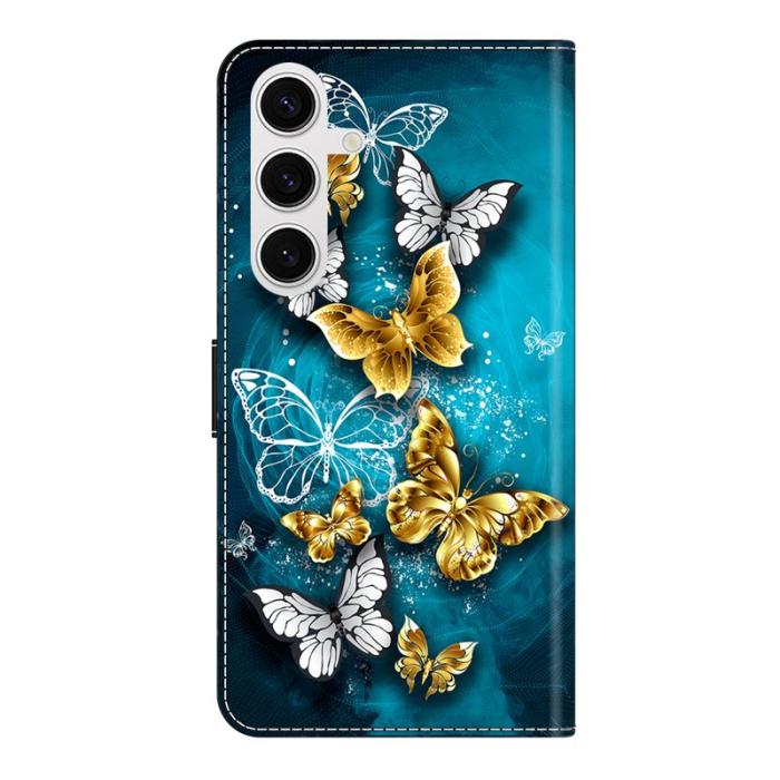 OEM - Plånboksfodral för Samsung Galaxy S26 Konstläder Ställ - Guldfjäril på Grön
