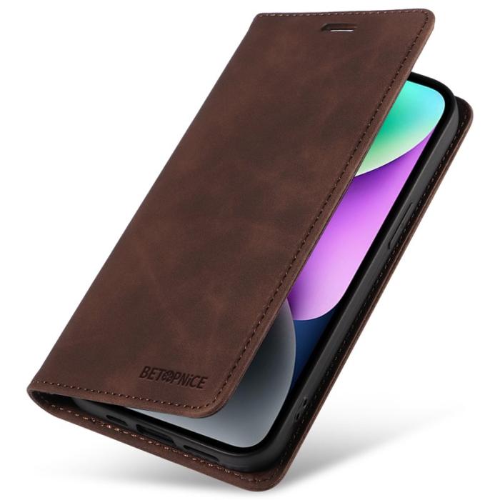 BETOPNICE - BETOPNICE 003 iPhone 15 Plånboksfodral i Konstläder - Brun