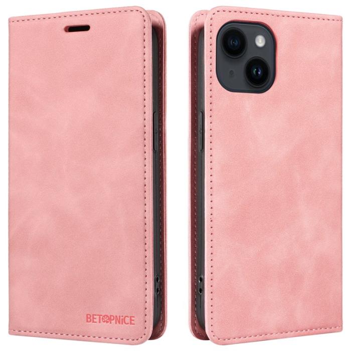 BETOPNICE - BETOPNICE 003 iPhone 15 Plånboksfodral i Konstläder - RFID Blocker - Rosa