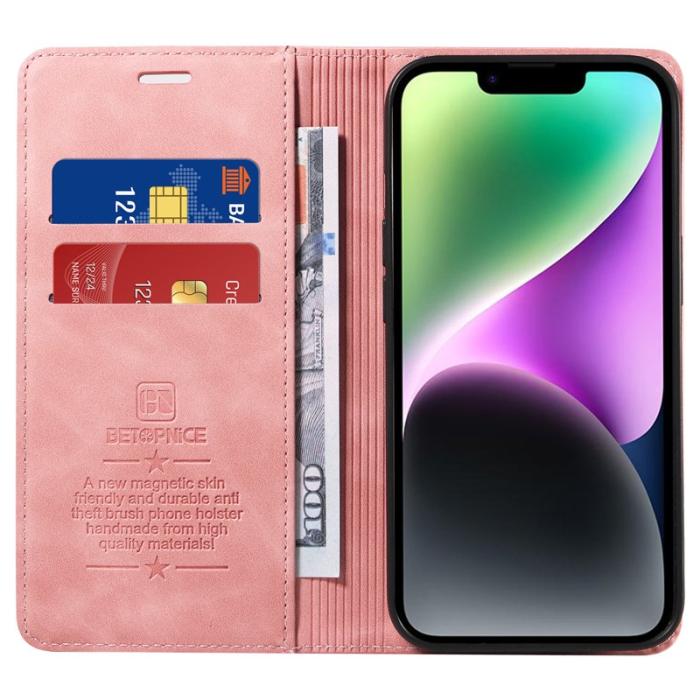BETOPNICE - BETOPNICE 003 iPhone 15 Plånboksfodral i Konstläder - RFID Blocker - Rosa
