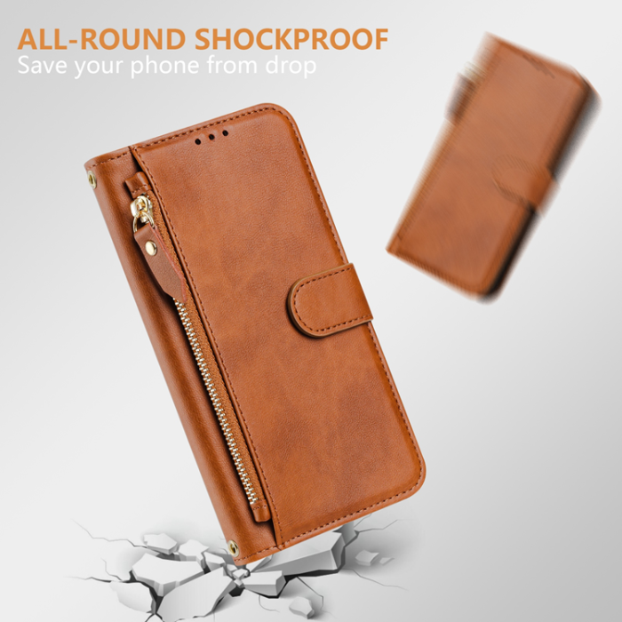 A-One Brand - iPhone 17 Pro Plånboksfodral Zipper Pocket Läder - Brun