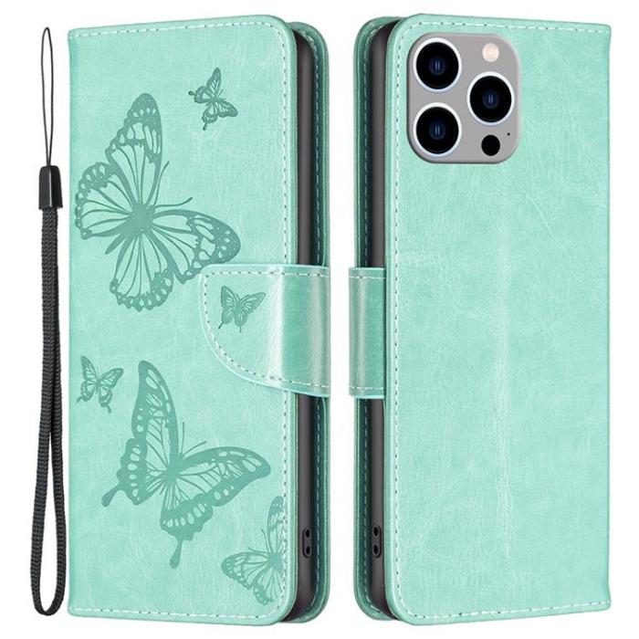 OEM - iPhone 14 Pro Max Plånboksfodral Butterflies Imprinted - Turkos