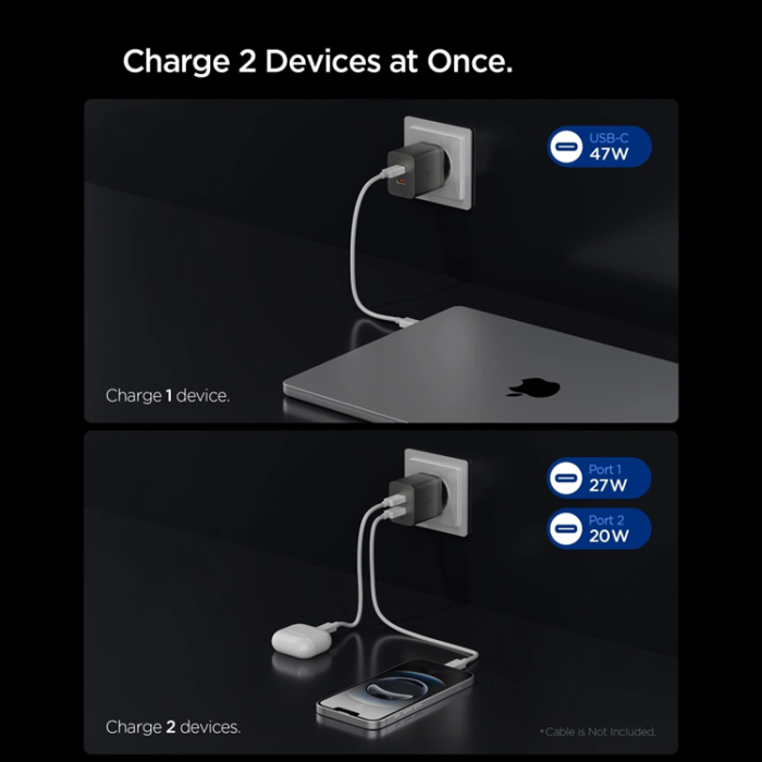 Spigen - Spigen 2-Port Nätverk Laddare 47W EE472EU-GaN - Gunmetall