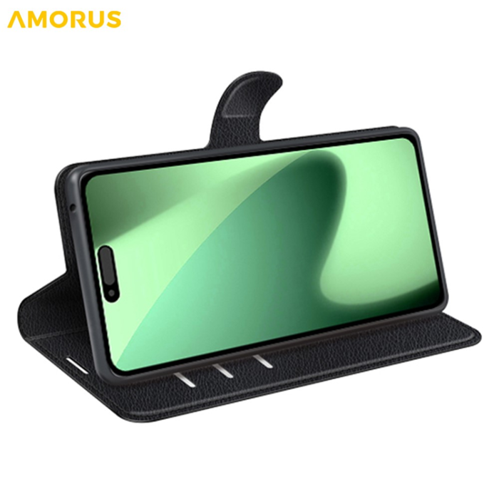 Amorus - AMORUS iPhone 17 Pro Max Plånboksfodral Flipstativ Litchi - Svart