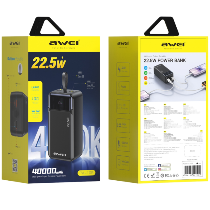 Awei - Awei Powerbank 40000mAh 22.5W 3xUSB-C PA-105 - Svart