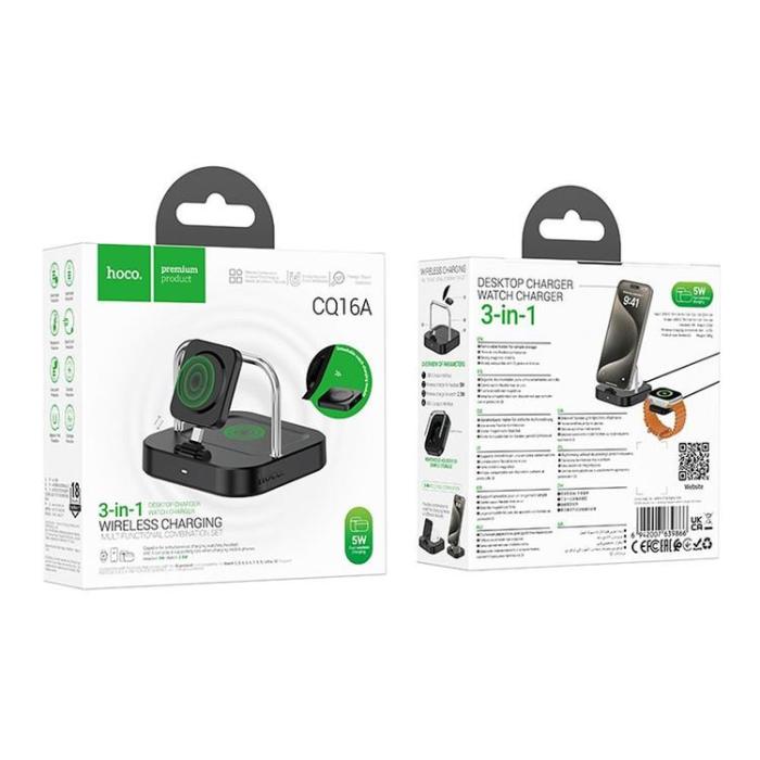 Hoco - Hoco 3in1 Trådlös Laddare Apple Watch, iPhone, Airpods 5W 3A CQ16A - Svart