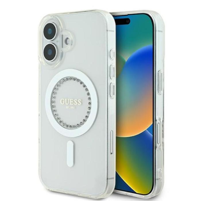 Guess - Guess iPhone 16 Mobilskal MagSafe IML Rhinestones - Vit