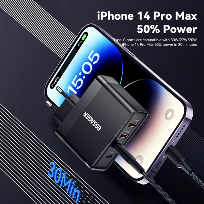 ESSAGER - ESSAGER Väggladdare 100W 2x USB-C - 2x USB-A ES-CD37 EU Svart