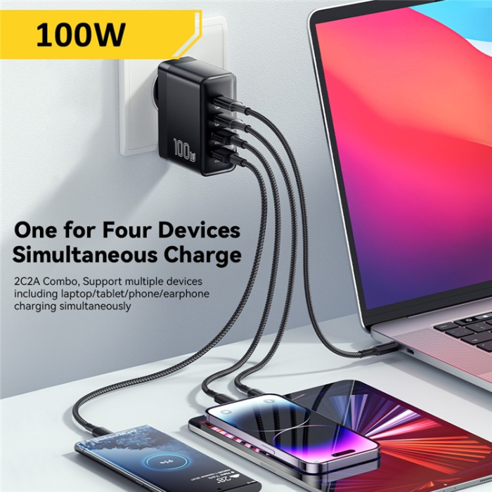 ESSAGER - ESSAGER Väggladdare 100W 2x USB-C - 2x USB-A ES-CD37 EU Vit