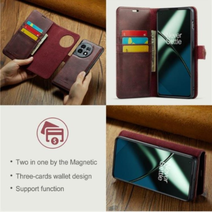 DG.MING - DG.MING OnePlus 11 Plånboksfodral Äkta Läder 2-i-1 - Röd