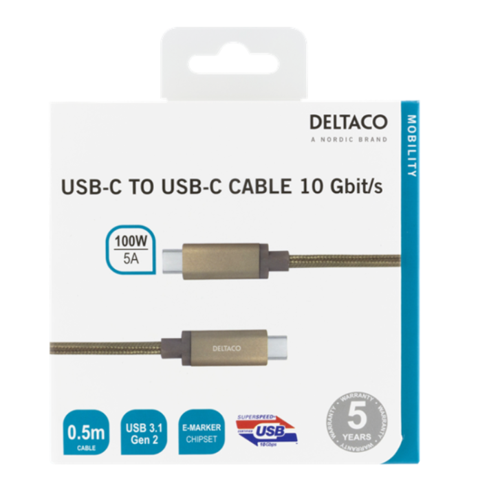 UTGATT1 - Deltaco Super USB-C till USB-C Kabel 100W 0.5m - Guld