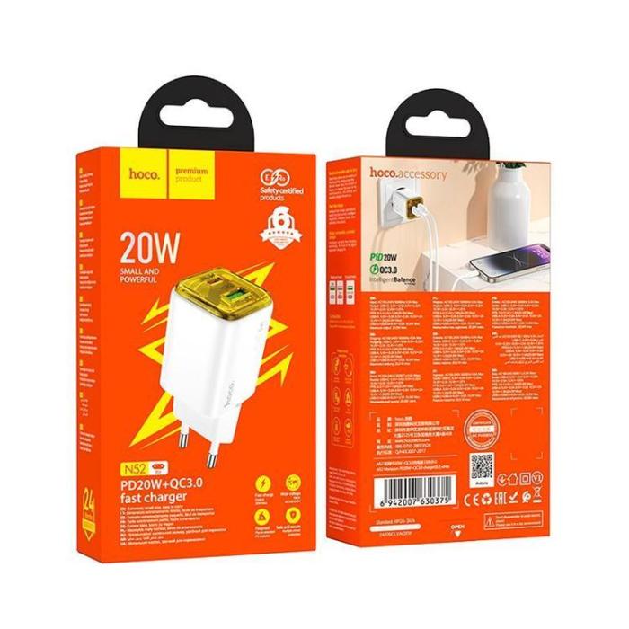 Hoco - Hoco Snabbladdare PD 20W USB-A USB-C QC3.0 3A N52 - Vit