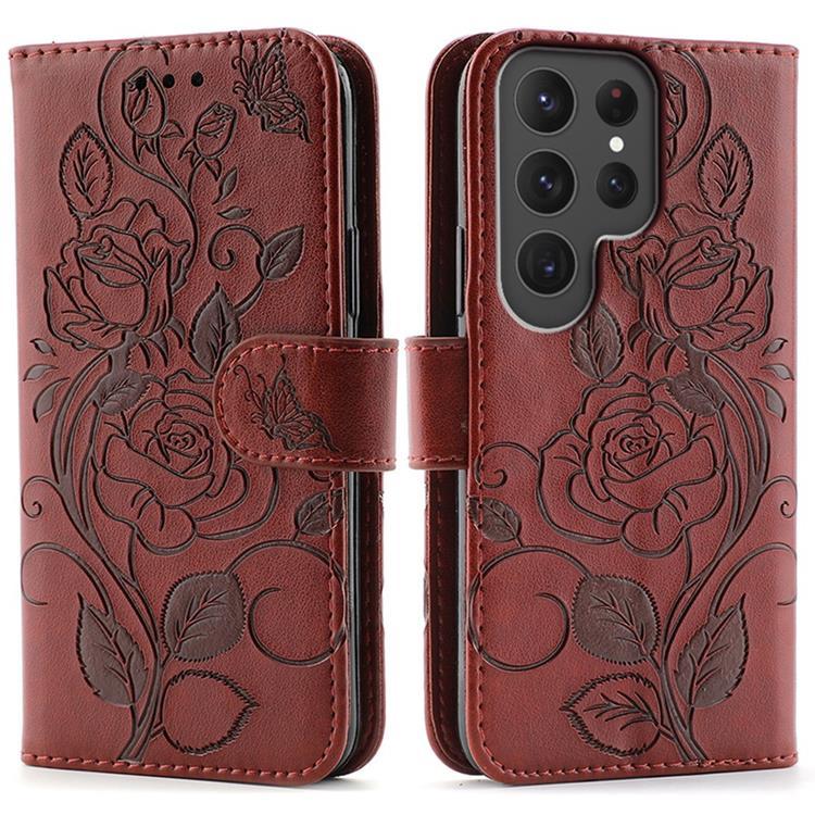 Galaxy S25 Ultra Konstläder Plånboksfodral Imprinted Rosa Butterfly - Brun (Brun) | 2353 | AlltMobil