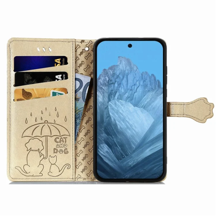 A-One Brand - Google Pixel 10/10 Pro Plånboksfodral Cat Dog Pattern - Guld