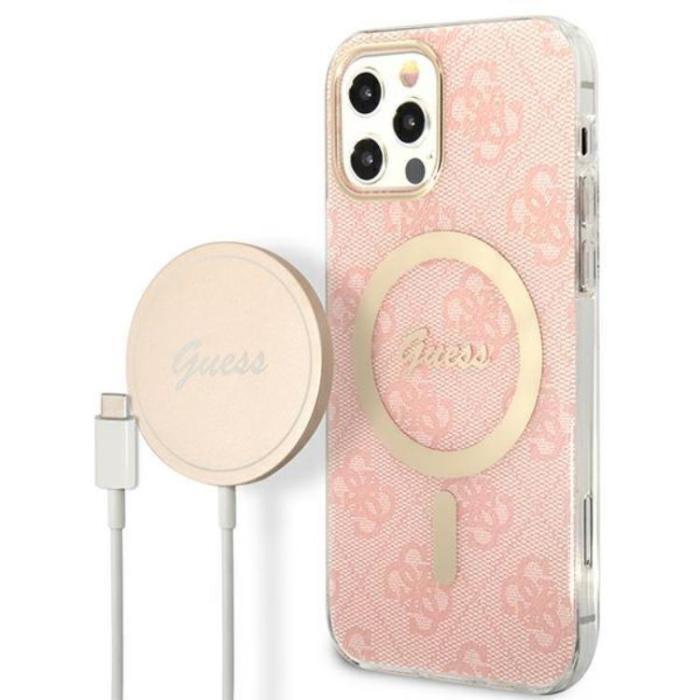 Guess - Guess iPhone 12/12 Pro Magsafe Skal Print + Trådlös Laddare - Rosa