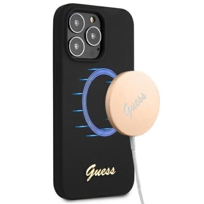 Guess - Guess iPhone 13 Pro Skal Magsafe Silicone Script Guld Logo - Svart