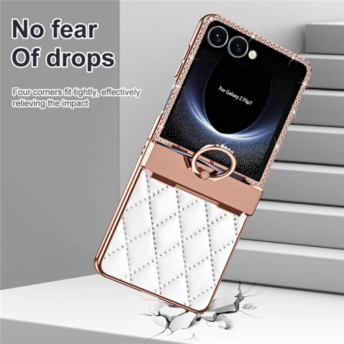 A-One Brand - Galaxy Z Flip 7 Mobilskal Rhinestone Ringhållare - Vit