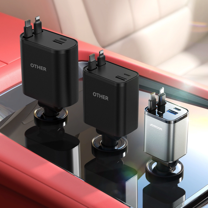 Joyroom - Joyroom 4in1 Billaddare 30W USB-A/USB-C Infällbar Kabel Mörkgrå