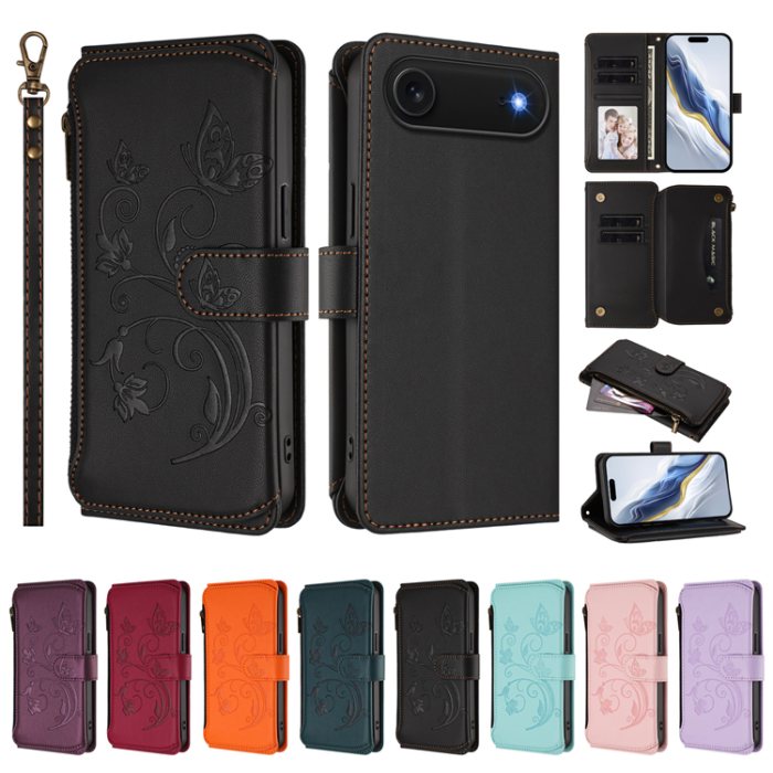 A-One Brand - iPhone 17 Air Plånboksfodral Butterfly Floral Imprint - Svart