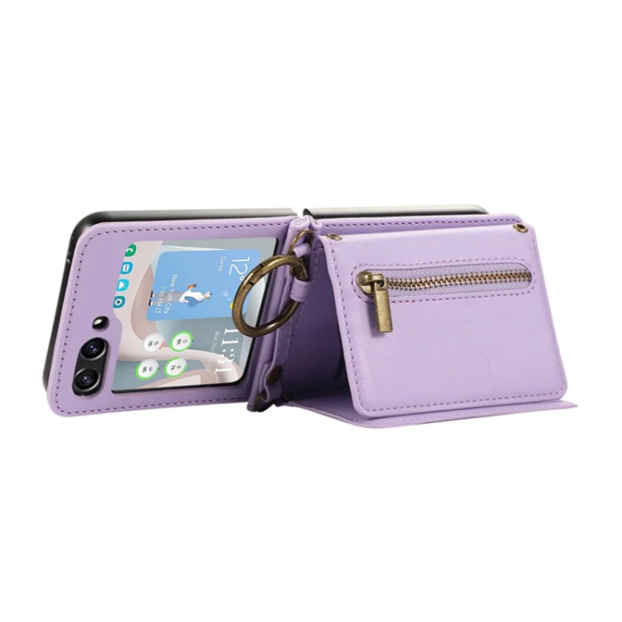 A-One Brand - Galaxy Z Flip7 Plånboksfodral Zipper Kickstand med Axelrem - Lila