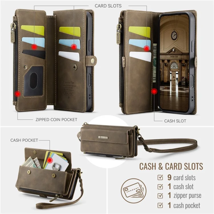 Caseme - Caseme iPhone 16 Plus Plånboksfodral RFID Blocking Zipper - Brun