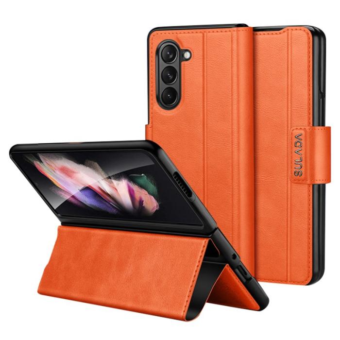 SULADA - SULADA Galaxy Z Fold5 KonstLäder Skyddsfodral Orange