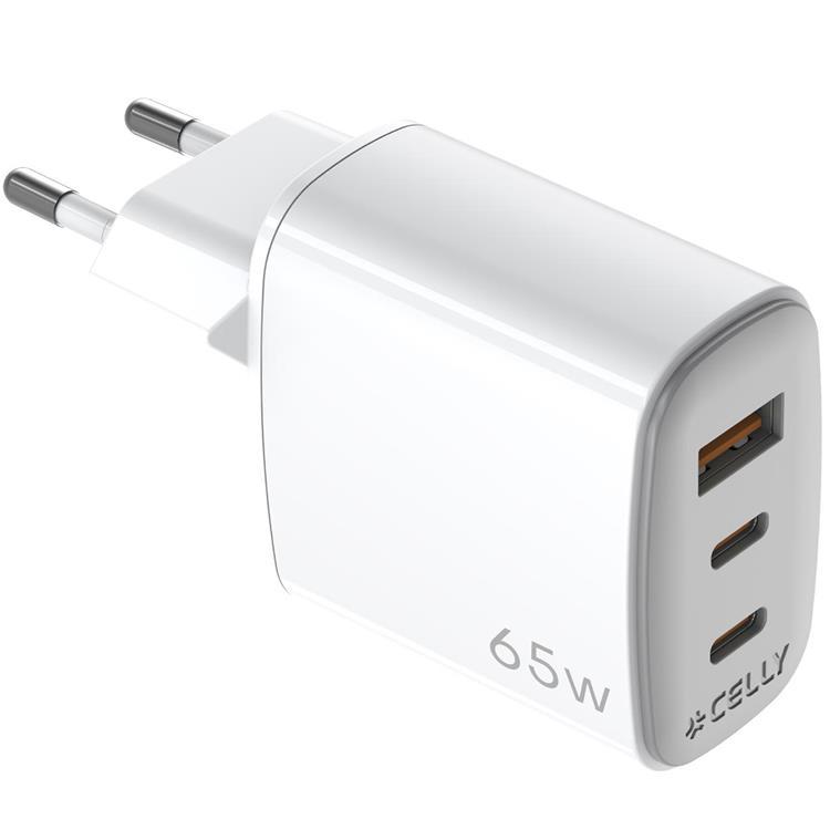 Celly Snabbladdare GaN 1 x USB-A + 2 x USB-C PD 65W - Vit | 505295 | AlltMobil