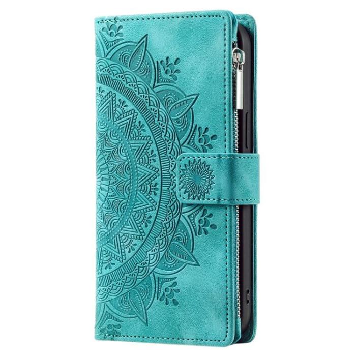 A-One Brand - iPhone 15 Pro Max Plånboksfodral Mandala Flower Imprinted - Turkos