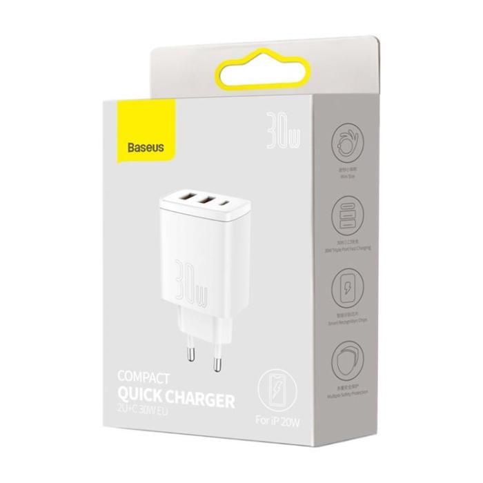 BASEUS - Baseus Compact Väggladdare USB-C Till 2x USB 30W - Vit
