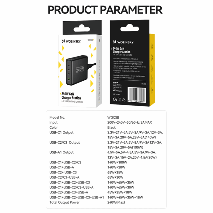 Wozinsky - Wozinsky Väggladdare USB-A/3 x USB-C 240W GaN - Svart