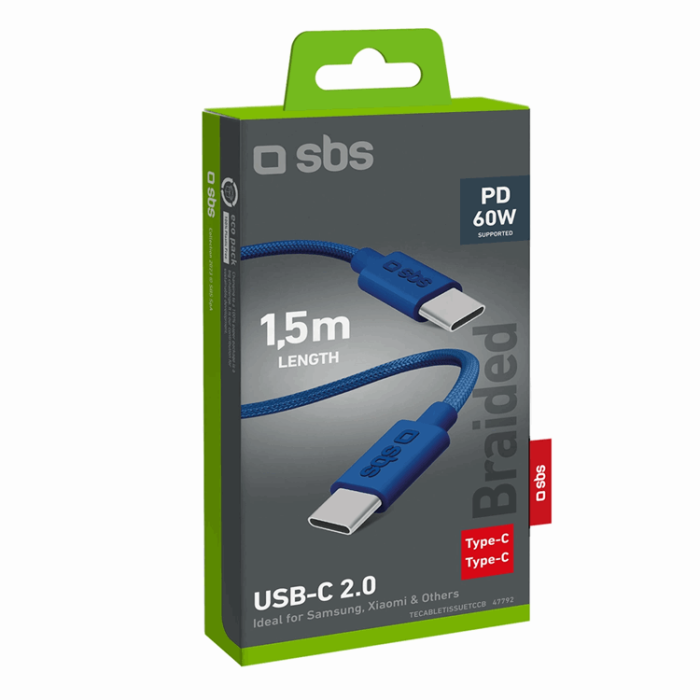 SBS - SBS USB-C - USB-C Kabel 1.5m 60W Braided - Blå