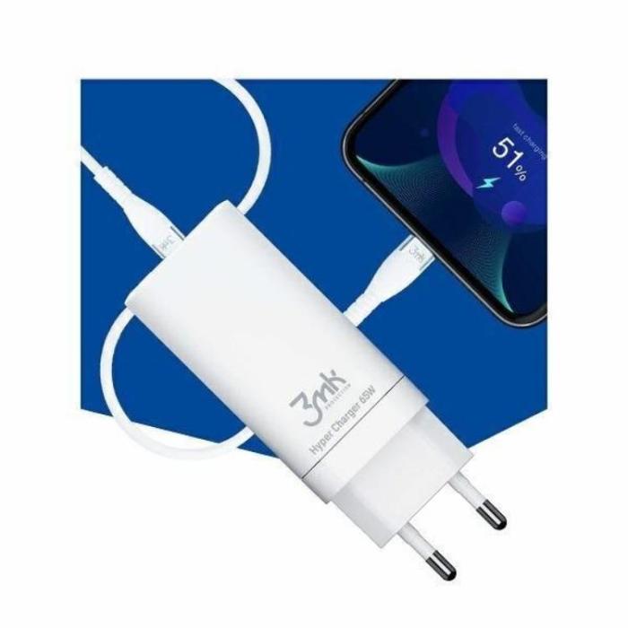 3MK - 3MK Väggladdare Adapter USB-C/USB-A 65W Hyper - Vit