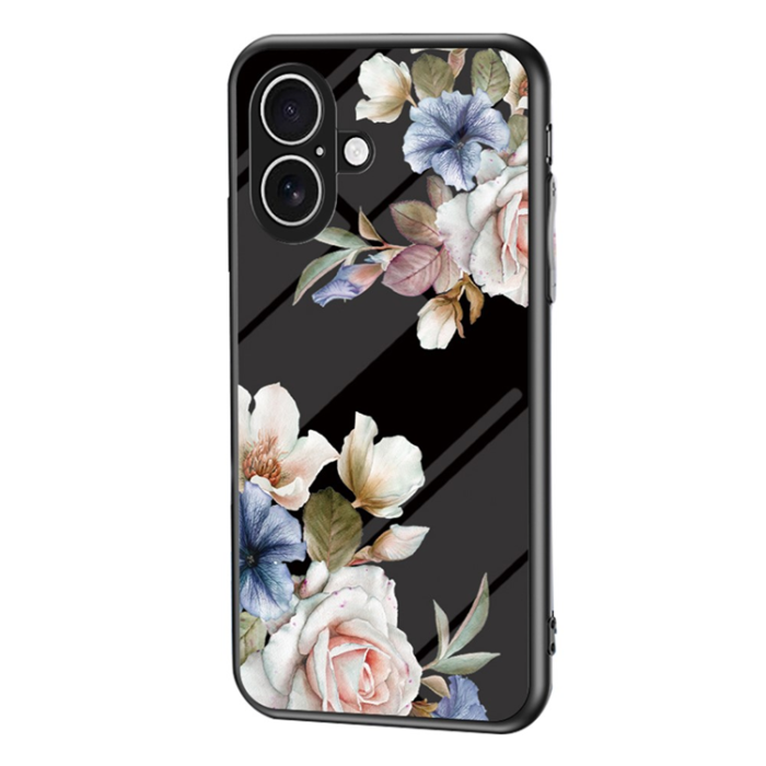 A-One Brand - iPhone 17 Mobilskal Floral Pattern TPU + Härdat Glas - Svart