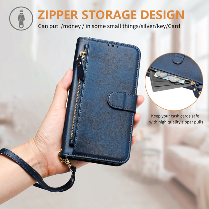 A-One Brand - iPhone 16e Plånboksfodral Zipper Pocket Läder - Blå