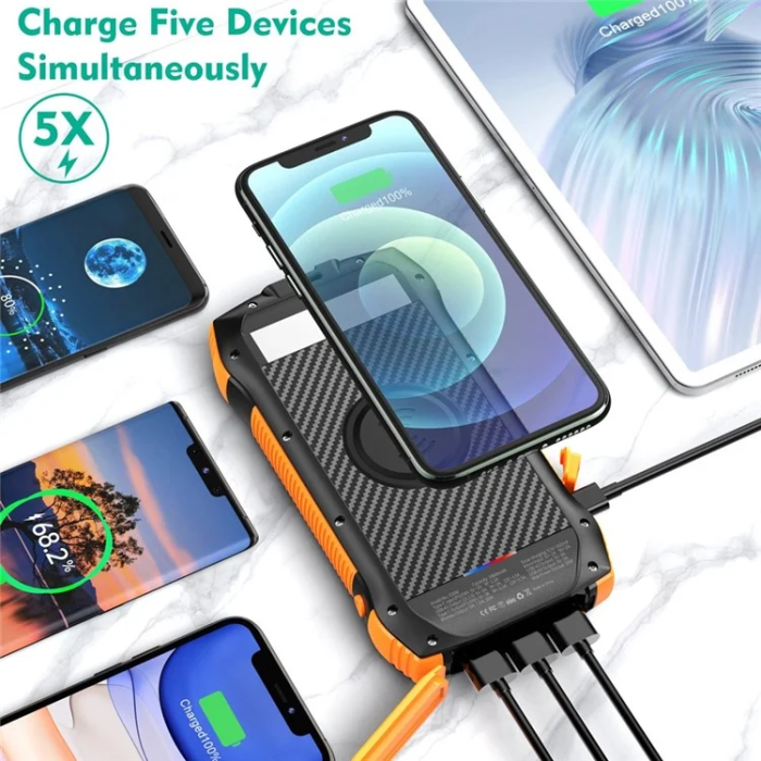 A-One Brand - Powerbank 20000mAh 3x USB/1x USB-C Solar Trådlös laddning