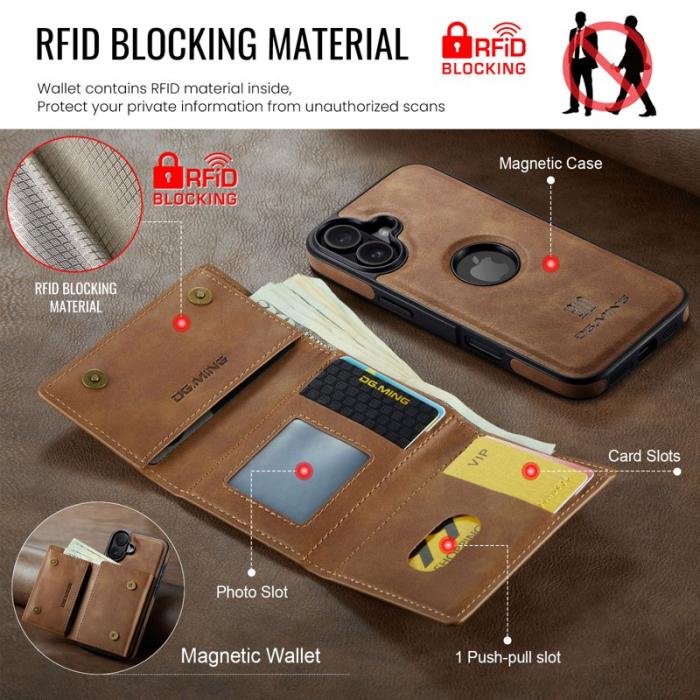 DG.MING - DG.MING M6 Series Mobilskal till iPhone 17 Magnetiskt Plånboksfodral Brun